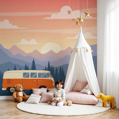 Kids-Mundo vintage campervan sunset forest wall mural styled in a warm, adventure nursery