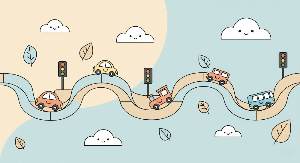 Detailed car adventure mural wallpaper design pattern with happy vehicles and road elements