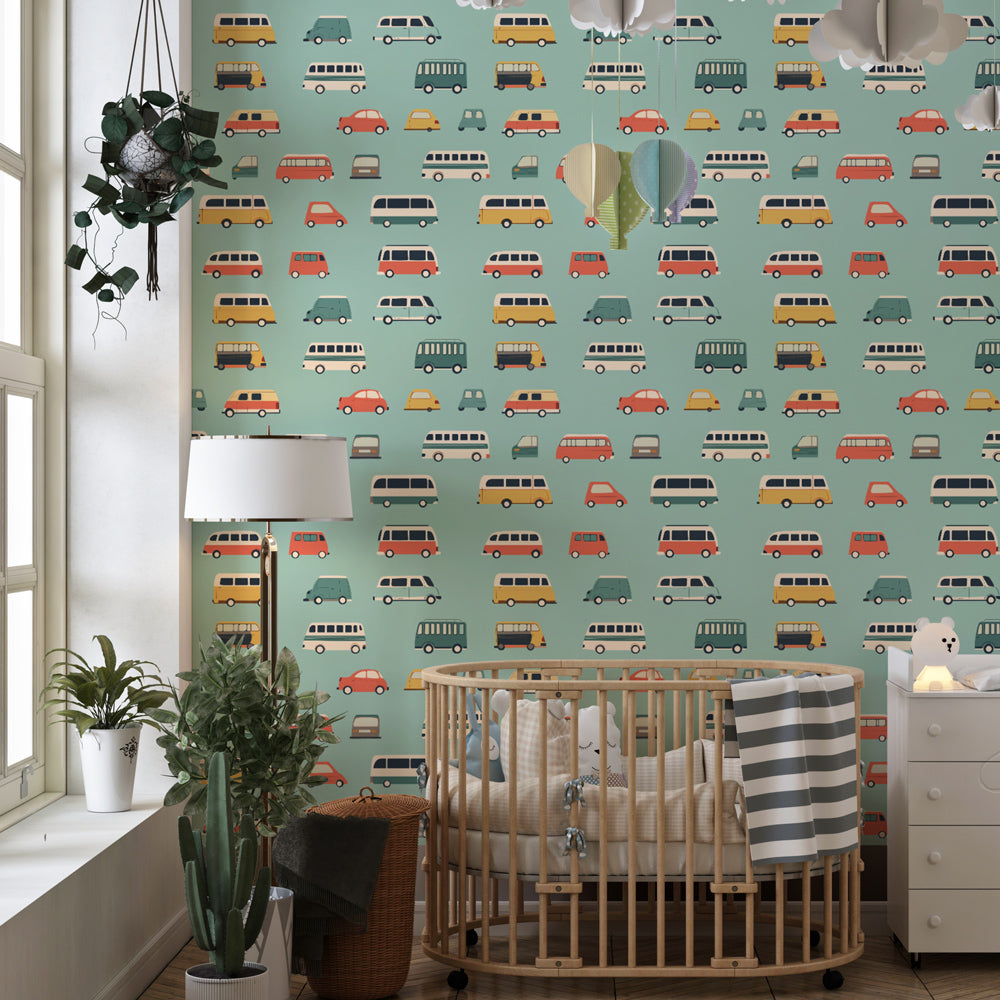 Car themed mural wallpaper creating playful atmosphere in toddler bedroom decor