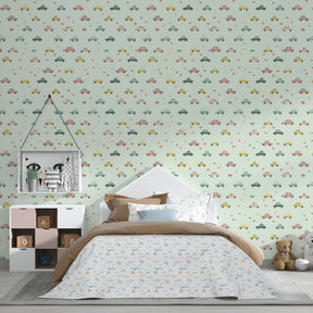 Pastel vehicle and hearts wallpaper creating playful kids bedroom atmosphere