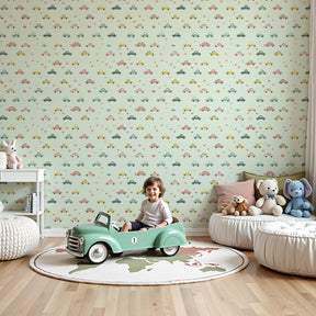 Colorful car pattern mural wallpaper in modern nursery with wooden furniture by Kids-Mundo