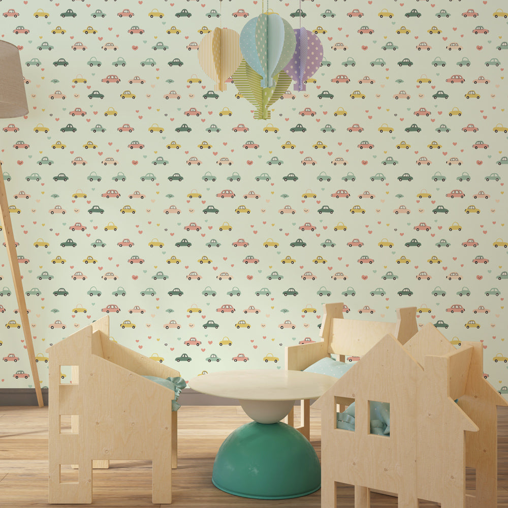 Car theme mural wallpaper with hearts transforming children's playroom space