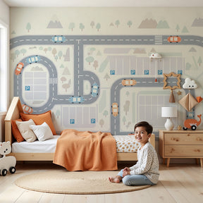Car road mural wallpaper creating exciting automotive themed boys bedroom by Kids-Mundo