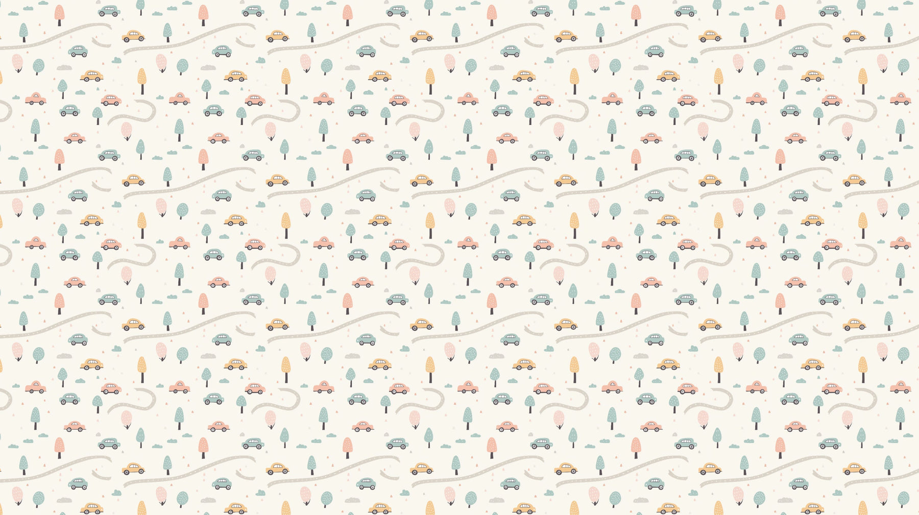 Detailed car road mural wallpaper design pattern showing winding path with vehicles and trees by Kids-Mundo