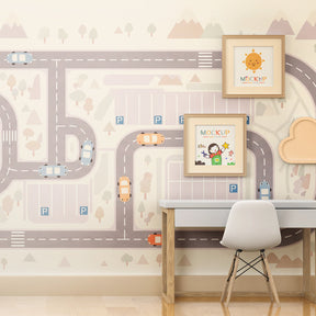 Racing circuit wallpaper transforming nursery into playful car themed space with colorful vehicles