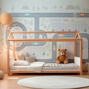 Automotive road wallpaper in modern kids playroom encouraging imaginative play by Kids-Mundo