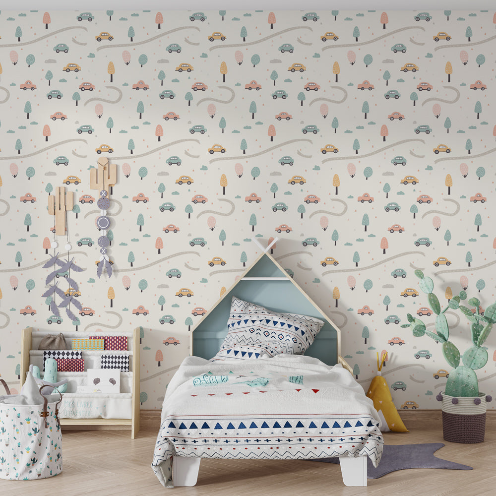Winding road mural wallpaper with delicate trees and colorful cars for kids playroom by Kids-Mundo