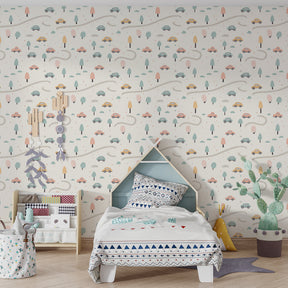 Winding road mural wallpaper with delicate trees and colorful cars for kids playroom by Kids-Mundo