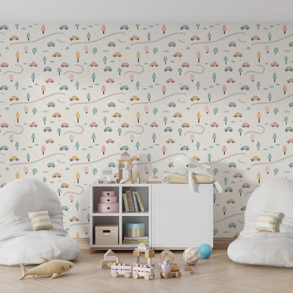 Playful car road wallpaper creating interactive adventure theme in children's bedroom decor