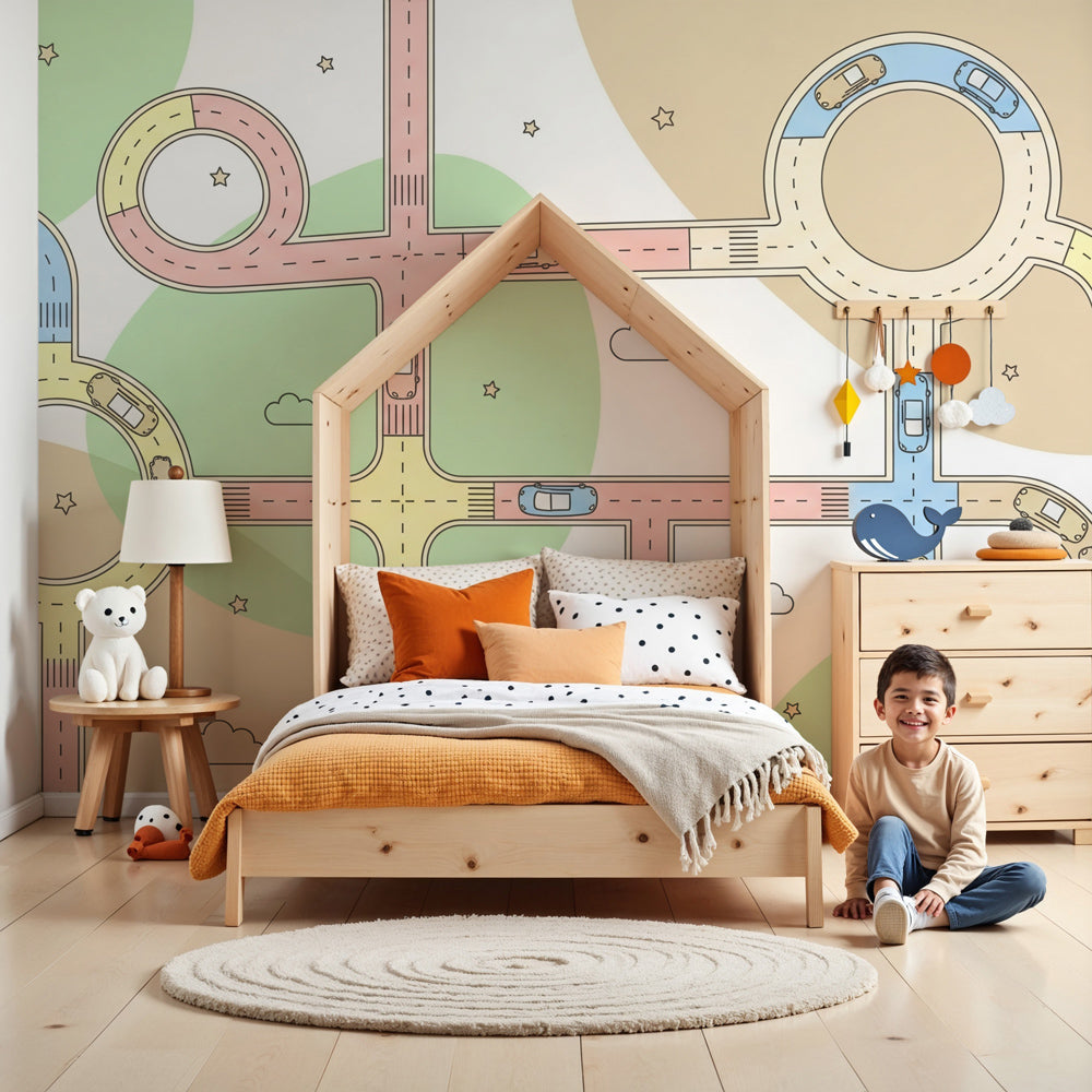 Colorful car roads mural wallpaper decorating modern kids bedroom by Kids-Mundo