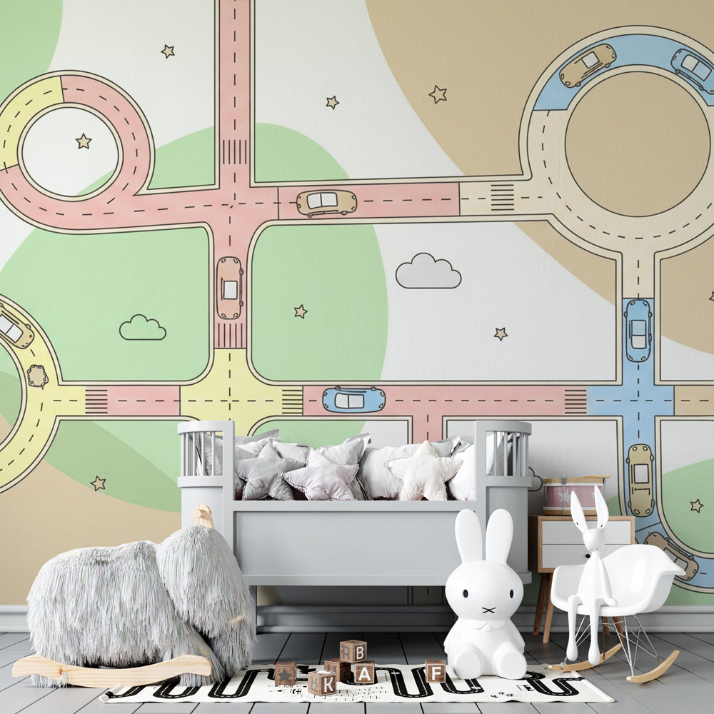Car circuit wallpaper creating playful nursery environment with colorful road design
