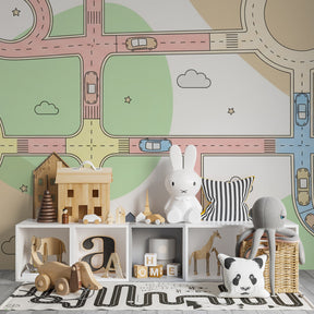 Transportation themed mural wallpaper transforming children's playroom into car adventure