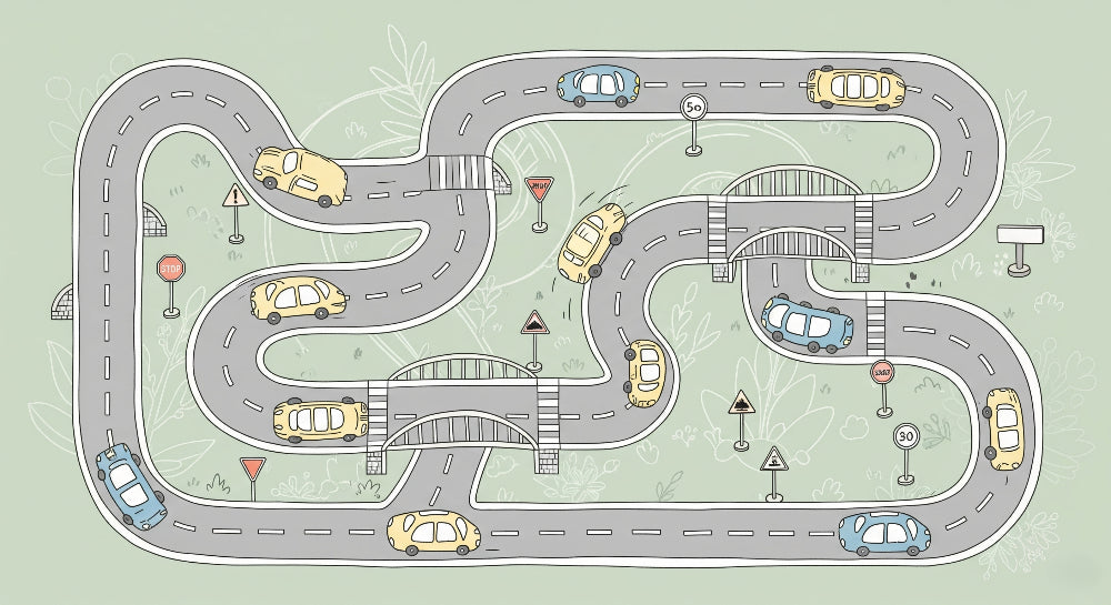 Detailed car racing circuit mural wallpaper design pattern with roads and vehicles by Kids-Mundo
