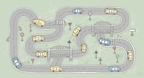 Detailed car racing circuit mural wallpaper design pattern with roads and vehicles by Kids-Mundo