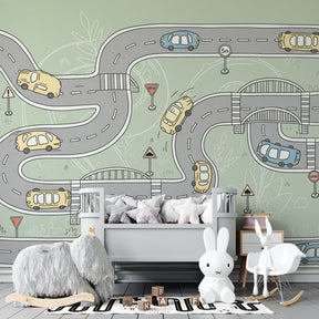 Soft green car circuit mural wallpaper decorating stylish automotive themed nursery