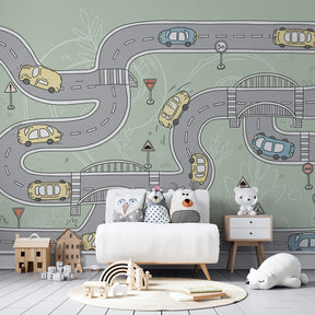 Racing circuit wallpaper with colorful cars and roads in modern children's playroom setting
