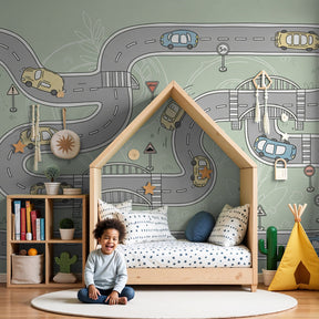 Car track mural wallpaper creating interactive racing themed kids bedroom by Kids-Mundo