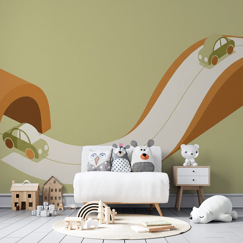 Kids-Mundo winding road and tunnel car mural mockup on a kids bedroom wall