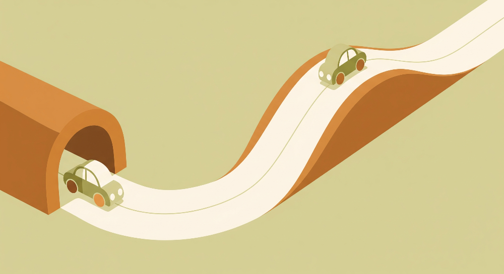 Kids-Mundo flat-illustration tunnel and car wall mural artwork in green and orange