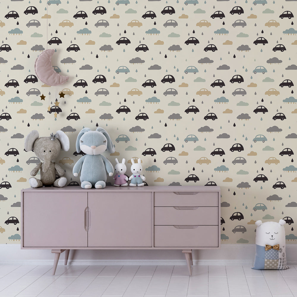 Automotive theme mural wallpaper in soft beige tones for children's room by Kids-Mundo