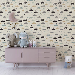 Automotive theme mural wallpaper in soft beige tones for children's room by Kids-Mundo