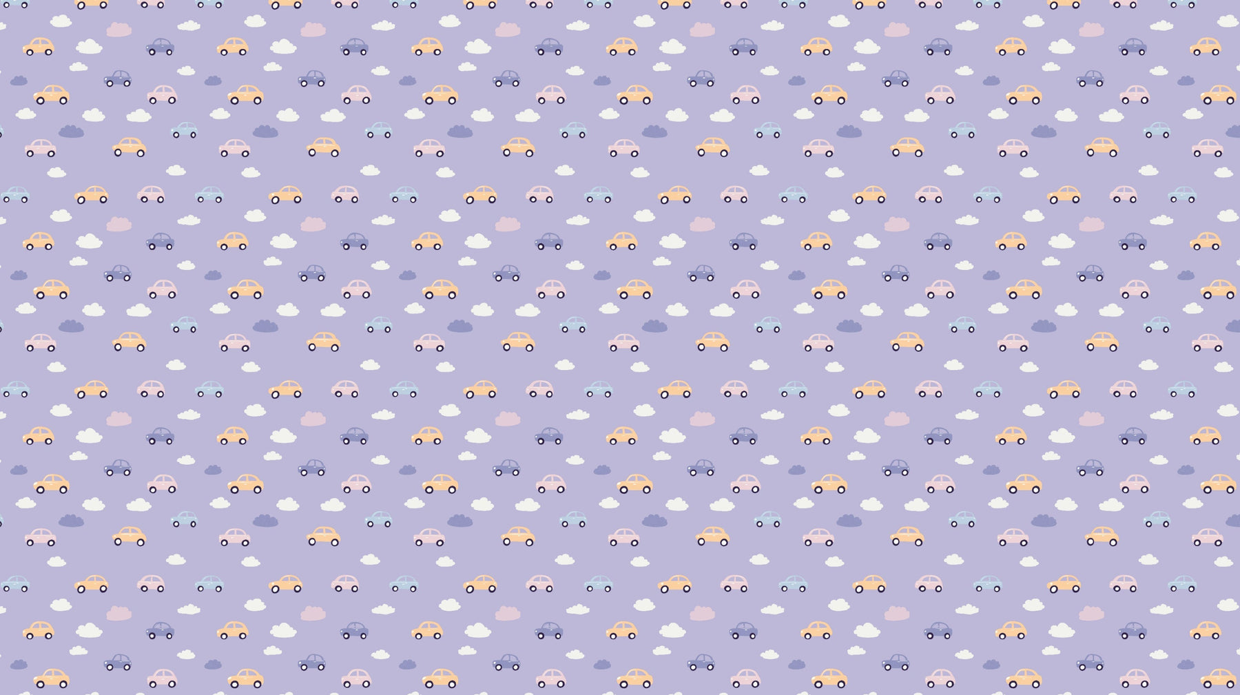 Detailed cars and clouds mural wallpaper design pattern on purple background by Kids-Mundo