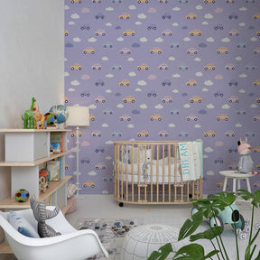 Purple sky cars wallpaper with fluffy clouds decorating cozy nursery space
