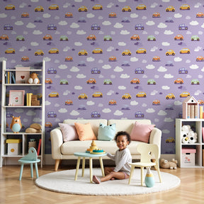 Colorful cars mural wallpaper in modern nursery with purple background by Kids-Mundo