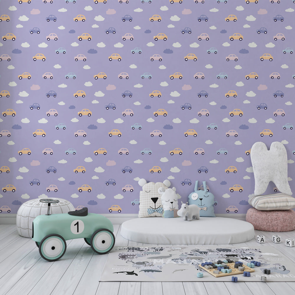 Vehicle-themed mural wallpaper bringing adventure to bright kids playroom interior