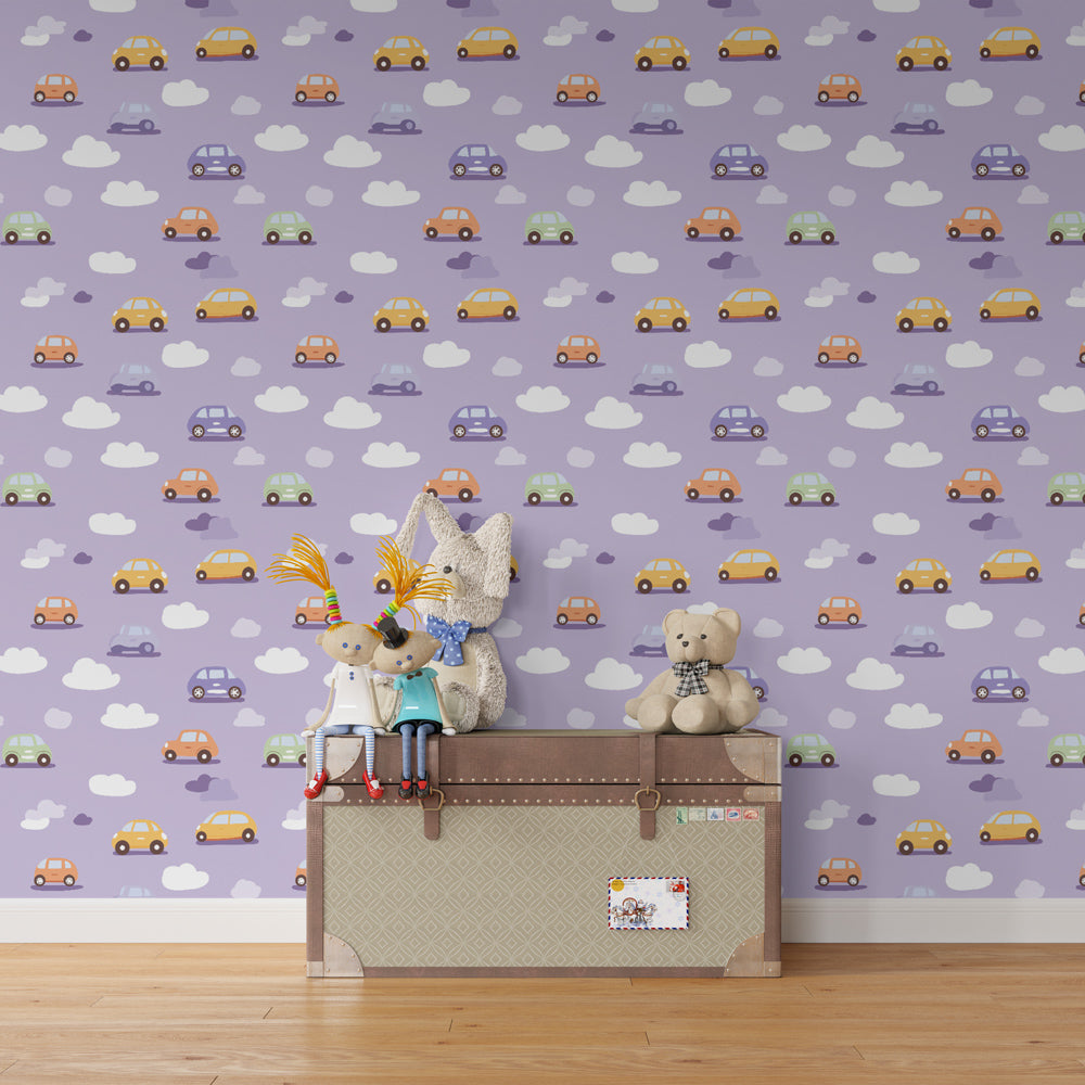 Cars wallpaper creating playful toddler bedroom decor with toy vehicles and clouds