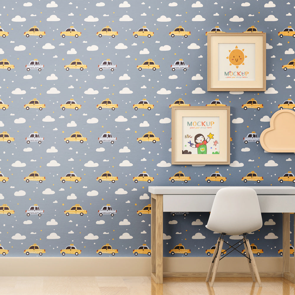 Vehicle-themed mural wallpaper transforming toddler room with colorful cars and cloud patterns