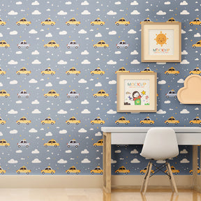 Vehicle-themed mural wallpaper transforming toddler room with colorful cars and cloud patterns