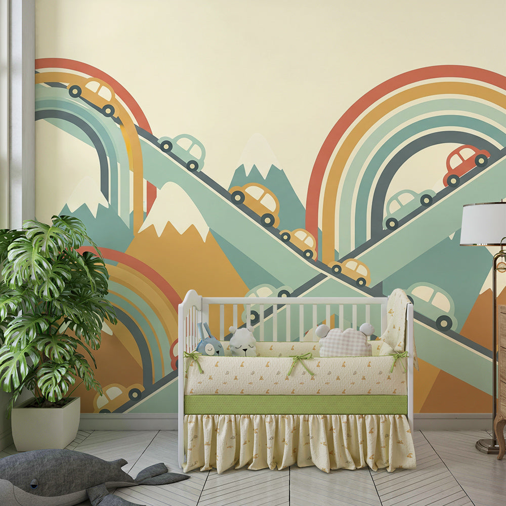 Kids-Mundo rainbow road cars wall mural bringing adventure to a child's bedroom wall.