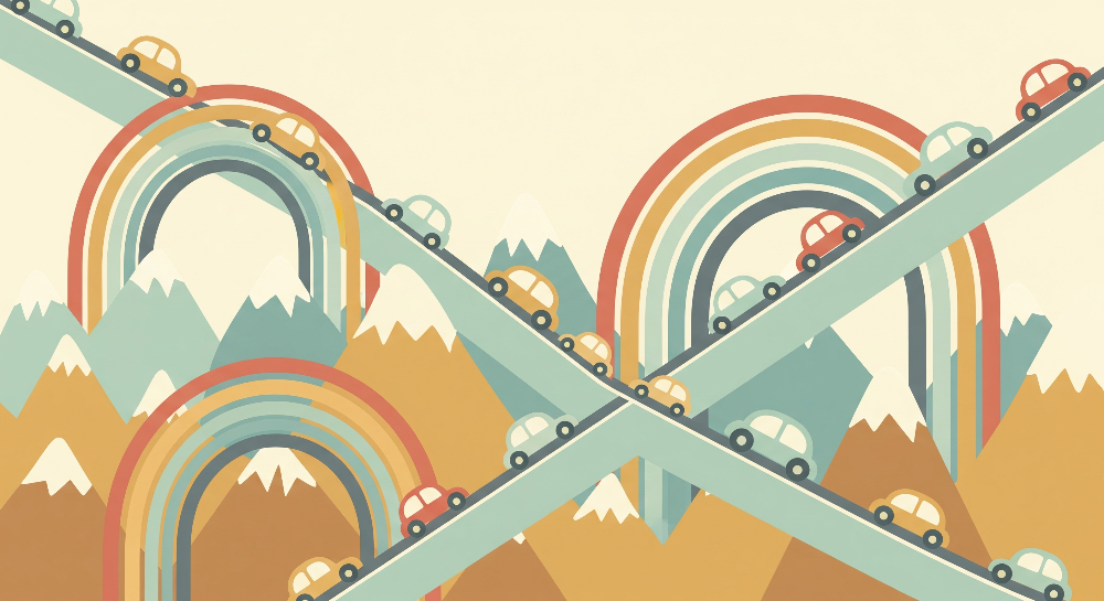 Kids-Mundo flat artwork of colourful cars crossing rainbow mountain roads.