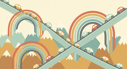 Kids-Mundo flat artwork of colourful cars crossing rainbow mountain roads.
