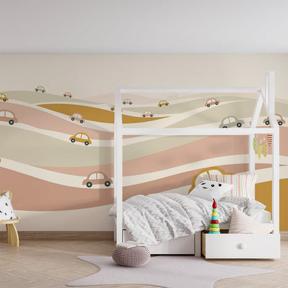 Kids-Mundo colourful car wall mural styled on a kids bedroom feature wall