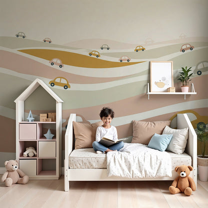 Kids-Mundo colourful car wall mural with rolling hills mounted in a nursery