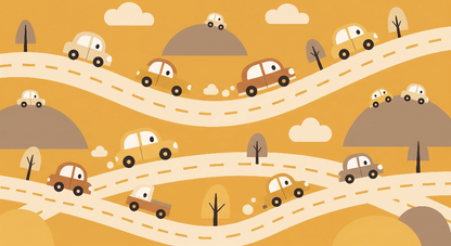 Flat artwork of the Kids-Mundo colourful cars mural with winding roads and hills