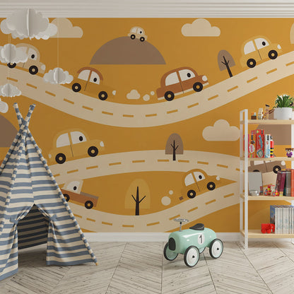 Kids-Mundo cars wall mural covering a playroom wall with toy cars on the floor