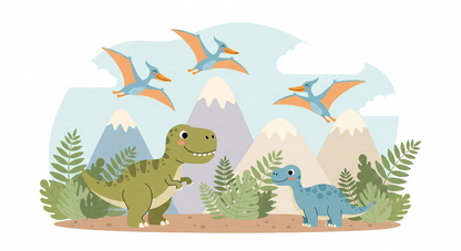 Kids-Mundo flat artwork preview of the cartoon dinosaur mountain wall mural design.