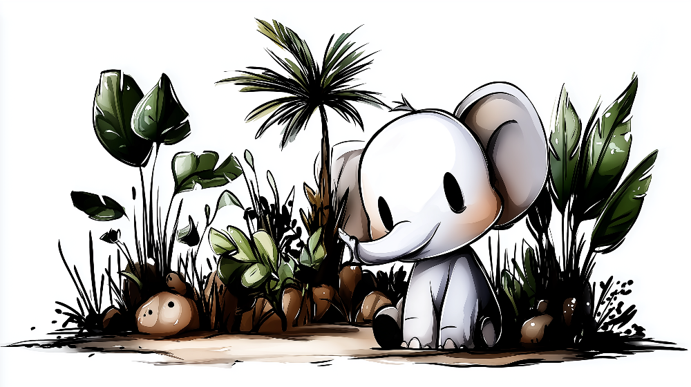 Kids-Mundo flat artwork of a wide-eyed cartoon baby elephant sitting among jungle plants