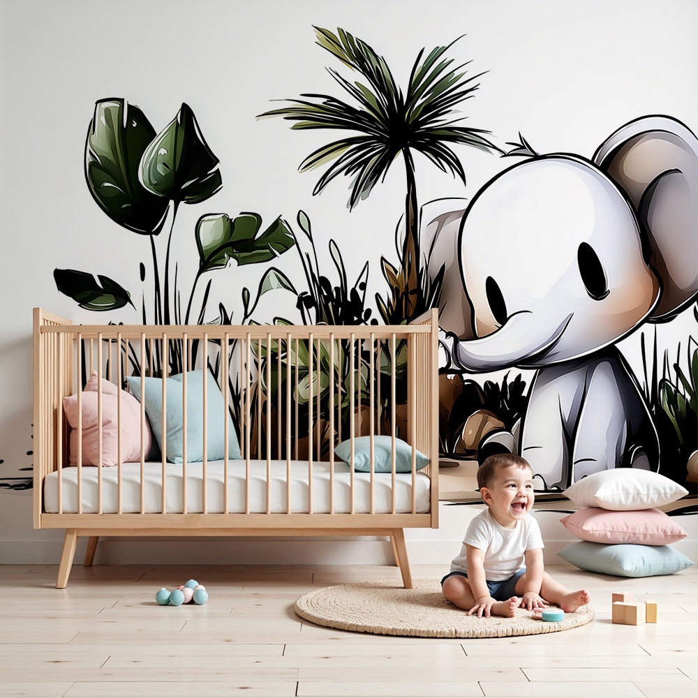 Kids-Mundo cartoon baby elephant jungle wall mural styled in a friendly nursery room