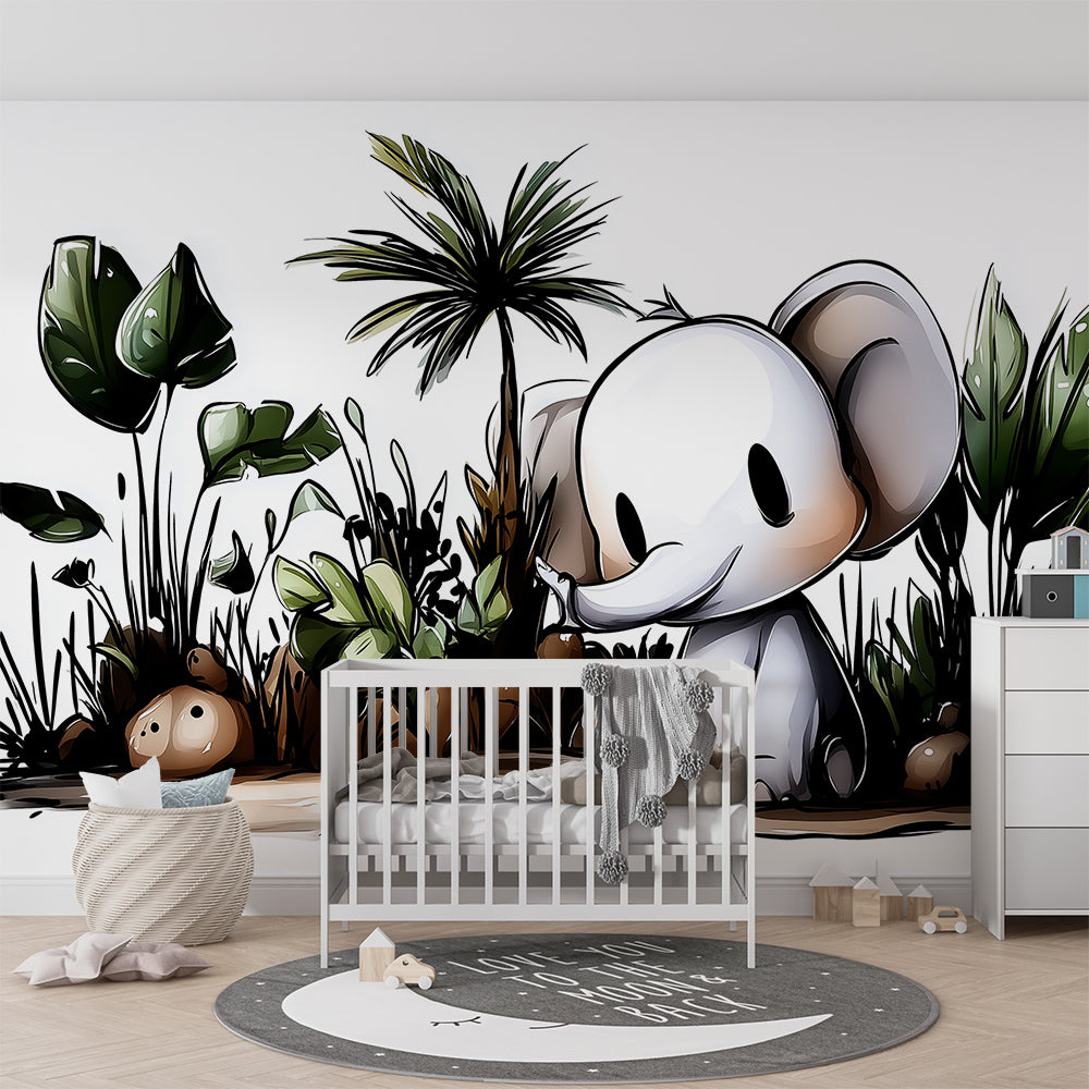 Kids-Mundo cute cartoon elephant jungle mural brightening a playful playroom wall
