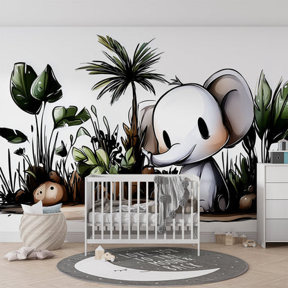 Kids-Mundo cute cartoon elephant jungle mural brightening a playful playroom wall