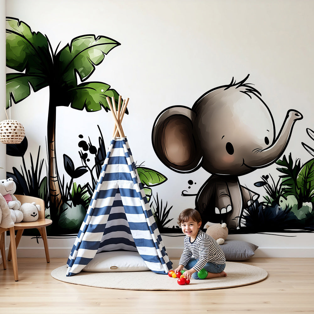 Kids-Mundo cartoon walking elephant wall mural styled in an adventurous nursery room