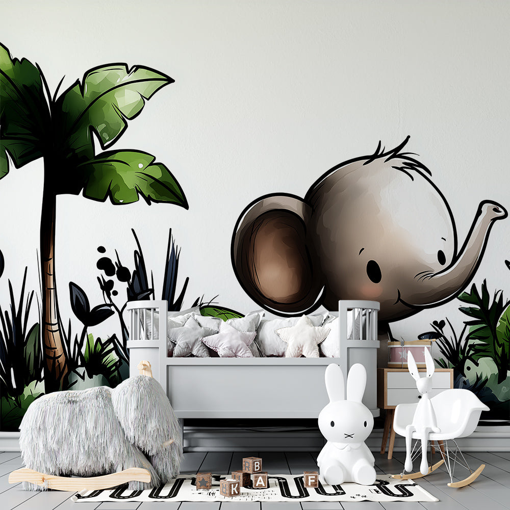Kids-Mundo walking baby elephant jungle mural brightening an active playroom wall