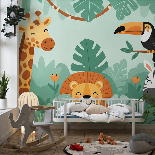 Kids-Mundo cartoon jungle wall mural styled in a cheerful kids bedroom