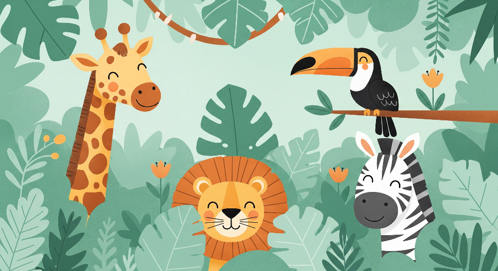 Giraffe Lion Zebra and Toucan Jungle Wall Mural