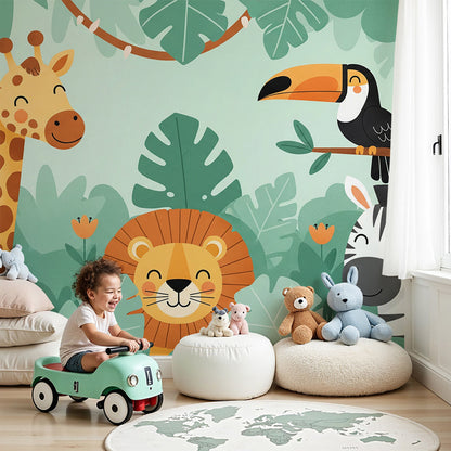 Kids-Mundo jungle animal wall mural with giraffe and lion in a soft nursery