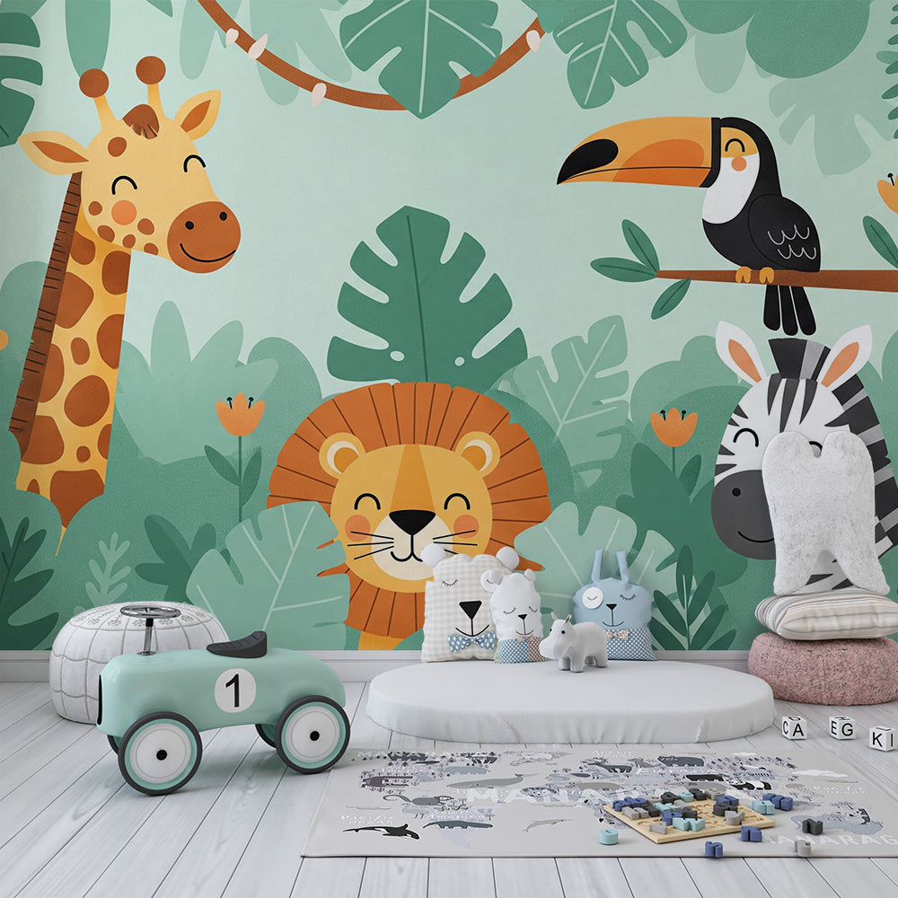 Kids-Mundo giraffe lion zebra toucan wall mural styled in a playful playroom